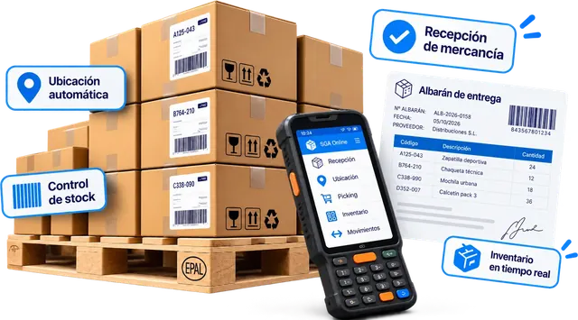 PDA con la app SGA Online (recepción, ubicación, picking, inventario y movimientos) junto a un palé de cajas etiquetadas y un albarán de entrega
