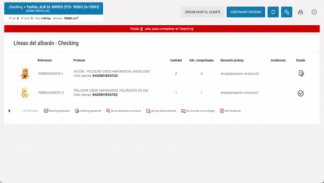 Pantalla de SGA Online: checking del albarán