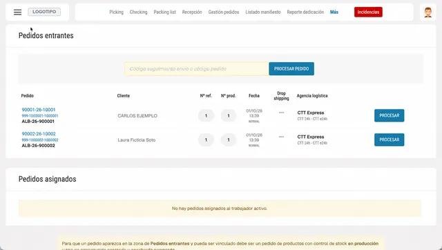 Pantalla de SGA Online: pedidos entrantes