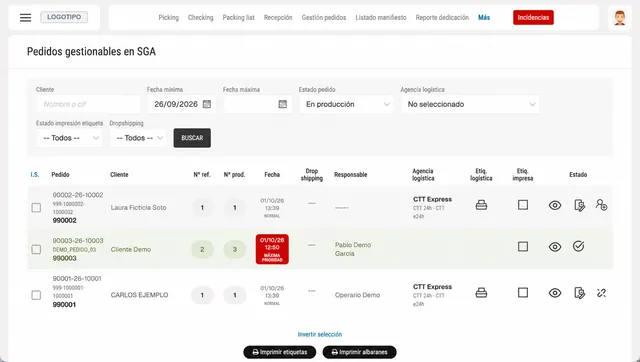 Pantalla de SGA Online: pedidos gestionables