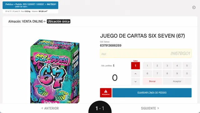 Pantalla de SGA Online: picking por producto