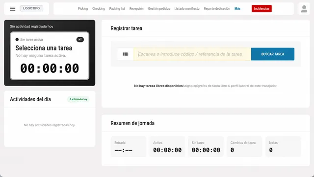 Pantalla de SGA Online: registro de tareas y jornada